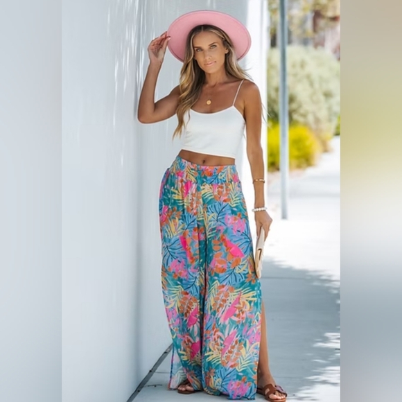 Kona Sol Pants - Kona Sol Smocked Waist Split Wide-Leg Beach Pant
